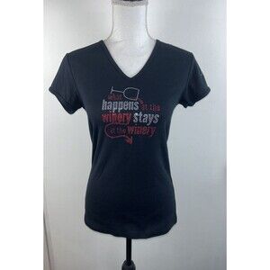 What happens at the winery stays at the winery T-shirt black women's Sz M Bling